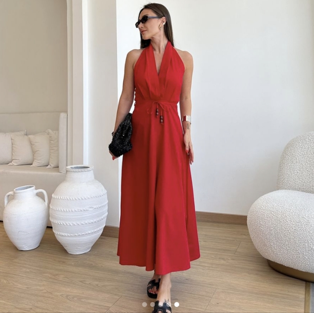 Elegant Red Halter Maxi Dress